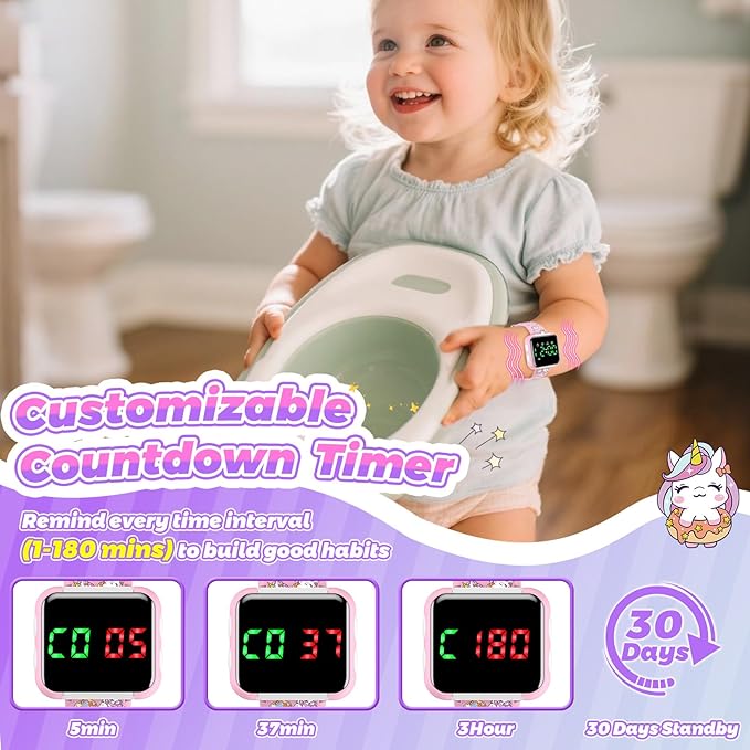 Potty Training Watch and Board Book for Toddler Girls: Adjustable Volume Potty Watches for Kids Water Resistant Toilet Timer Alarm Unicorn Toddler Watch Gifts for 1 2 3 4 5 Year Old Girl (Pink)