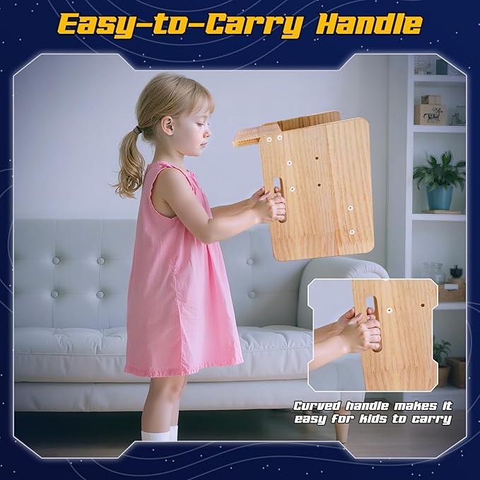 COSYLAND Robot Shaped Kids Step Stool with Handle - Height Adjustable 2 Step Stool for Toddlers - Stable Wooden Nursery Step Stool for Toilet Potty Training, Bathroom, Kitchen (Natural)