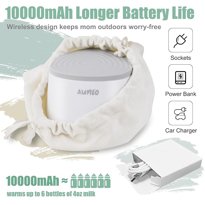 Portable Bottle Warmer, Travel Bottle Warmers for Breastmilk Formula, Rechargeable Baby Milk Warmer On the Go-Fast Bottles Warmer with 5 Adapters, 10000mAh, Smart Temperature Control, Leak-Proof