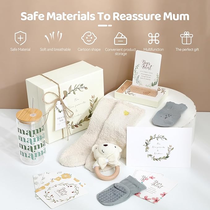 New Mom & Baby Gift Basket | Pregnancy & Baby Shower Gifts for First-Time Moms | Green Mama Glass Tumbler & Teddy Bear Rattle Set