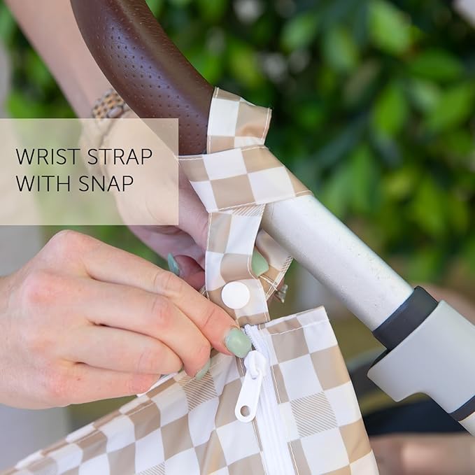 Roamio Waterproof Wet Bag for Baby, Travel, Swim Suit, Cloth Diaper, Pump Parts, Pool, Gym Clothes, Beach, Toiletry, Hook to Stroller, Daycare, Zipper Reusable Bag, Wetdry Packing Pouch, Beige Check