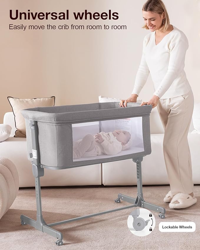 Larex Baby Bassinet, 3 in 1 Bassinets Bedside Sleeper for Newborn, Portable Crib Adjustable 7 Height Bedside Bassinet with Mattress and Wheels Light Grey