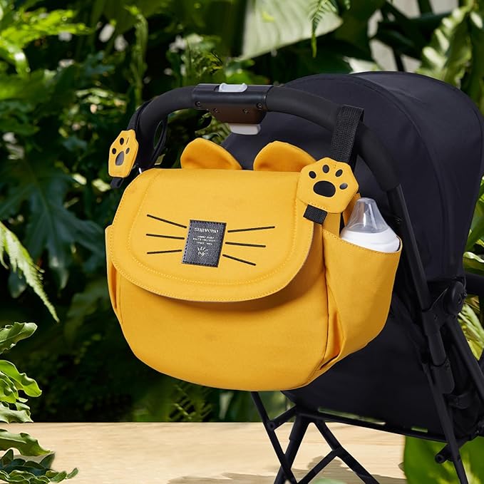 SUNVENO Kitty Stroller Organizer Bag – Universal Baby Stroller Caddy with 2 Cup Holders, Adjustable Straps, Waterproof Oxford, Lightweight Travel Accessory for Strollers, Prams & Pushchairs,Yellow