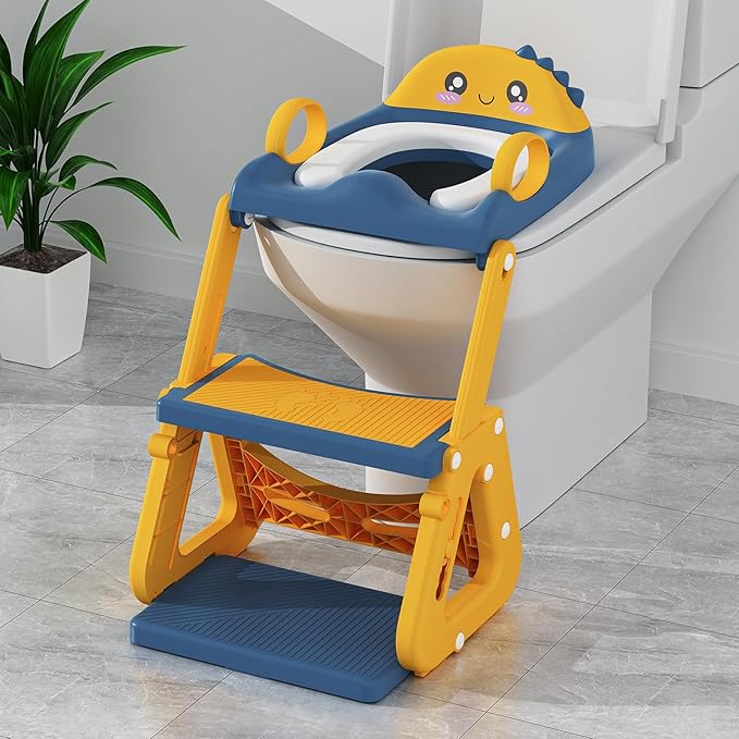 Potty Training Seat, Upgrade 2 in 1 Potty Training Toilet with Step Stool Foldable Toddler Toilet Seat for Kids Boys Girls Toddler Potty with Splash Guard Anti-Slip Pad Adjustable Ladder & Seat Height
