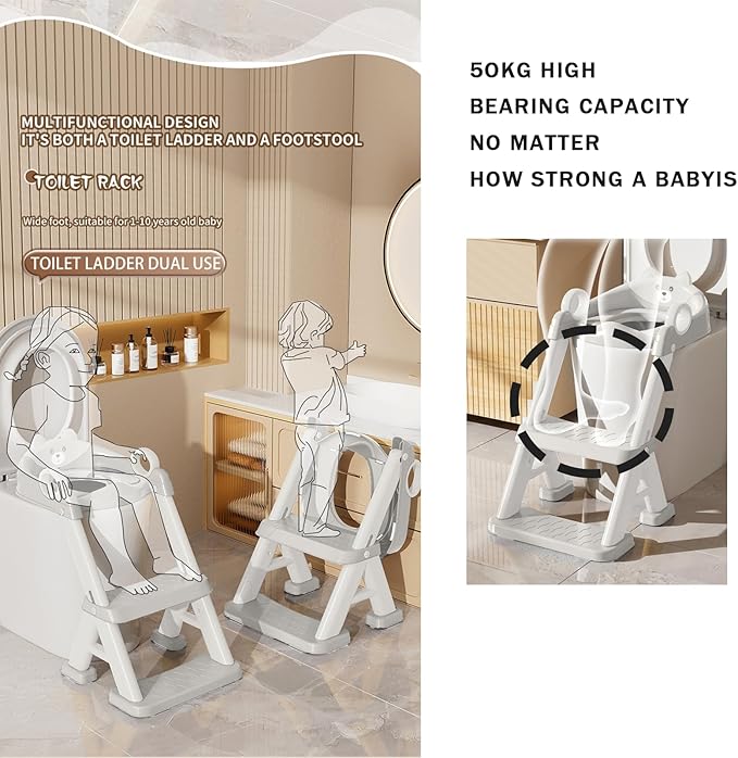 PandaEar Toilet Potty Training Seat with Step Stool Ladder, Comfortable Safe Potty Seat with Anti-Slip Pads Ladder & Bear Design for Kids Boys Toddlers -Grey