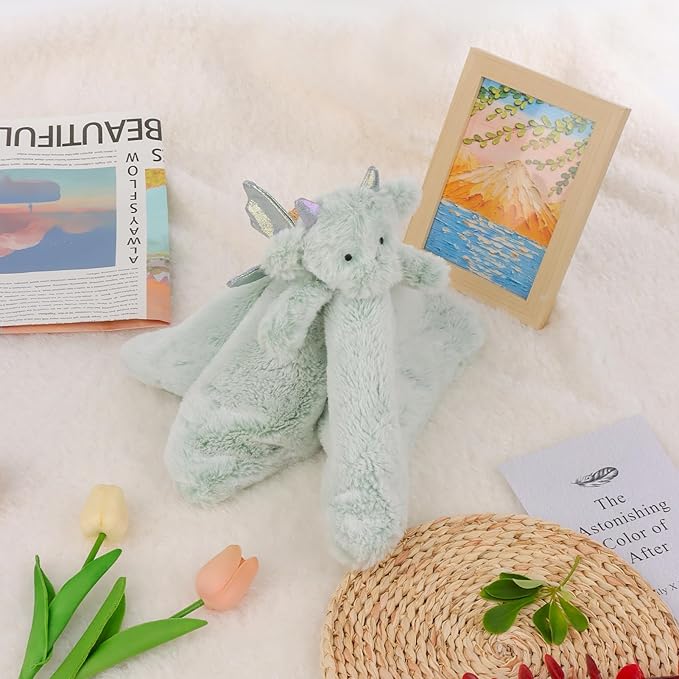 Apricot Lamb Luxury Snuggle Plush Cute Dragon Dinosaur Infant Stuffed Animals Security Blanket Nursery Character Blanket (Green Dragon, 13.8 Inches)
