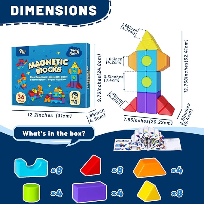 Magnetic Building Blocks, Large Magnetic Blocks in Multiple Shapes, Creative Building Toys for Preschool Learning, Montessori & Sensory Magnet Toys for Kids Ages 4-8 (36 PCS)