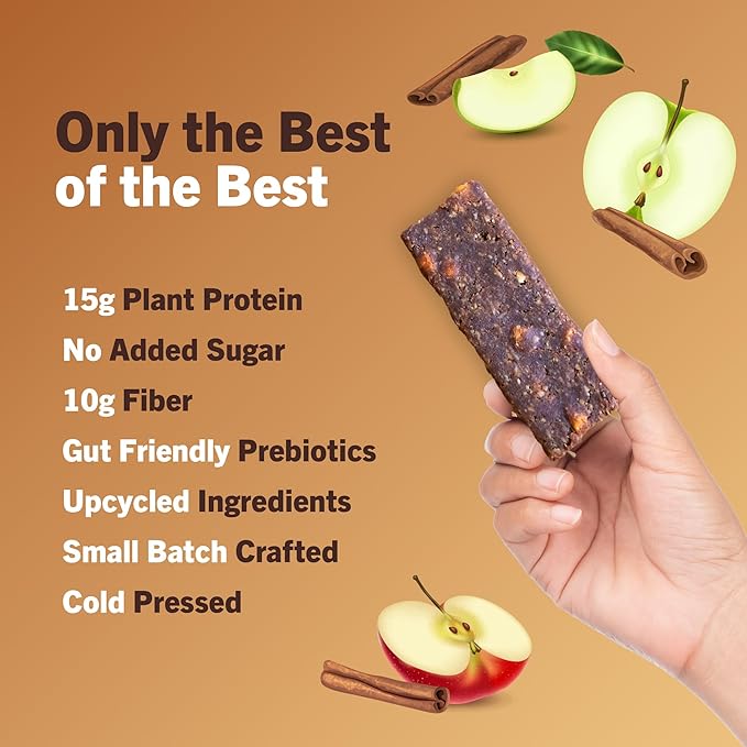 AMRITA Apple Cinnamon Vegan Protein Bars – 15g Plant-Based Protein – Gluten, Soy, Peanut & Dairy-Free – High Fiber, Low Sugar Meal Replacement Bars – Ideal Breakfast, Snack, or Energy Boost