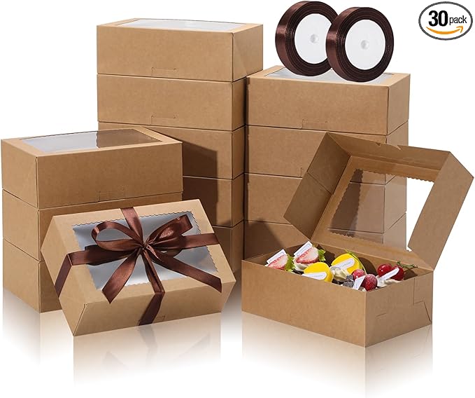 COTOPHER 30Pcs Cookie Boxes with Ribbons, 9x6x3 Inch Bakery Boxes with Window, Brown Treat Containers for Pastries, Chocolate Covered Strawberries, Dessert, Easter Candy, Muffins, Donuts