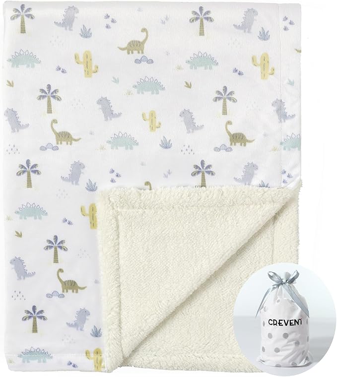 CREVENT Cozy Soft and Warm Mink Baby Blanket with Sherpa Backing, Gift Packing with Ribbon for Newborn Infant Toddler's Crib Cot Stroller (30"X40" Dinosaur)
