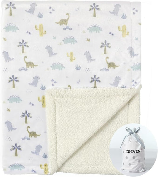 CREVENT Cozy Soft and Warm Mink Baby Blanket with Sherpa Backing, Gift Packing with Ribbon for Newborn Infant Toddler's Crib Cot Stroller (30"X40" Dinosaur)