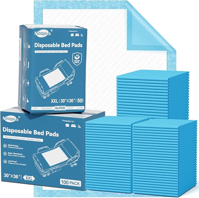 100 Count Disposable Bed Pads 30''X36'' MILDPLUS Super Absorbent Underpads, Disposable Extra Large Chucks Pads, Incontinence Pads for Adults, Children's Bedwetting Pads, Puppy Pads