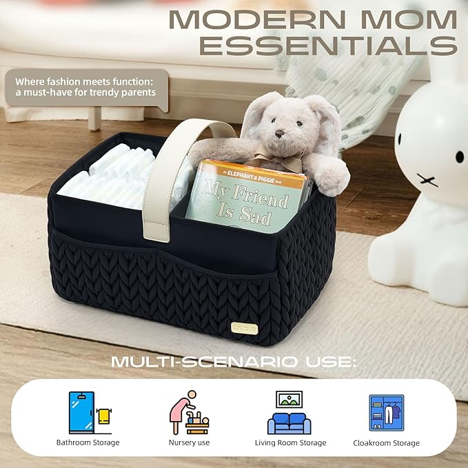 Luxurious Baby Diaper Caddy, Nursery Storage Basket for Newborn Essentials, Travel Baby Basket for Diapers Baby Wipes, Organizer Tote Bag Storage Bin, Baby Shower Gifts(black)