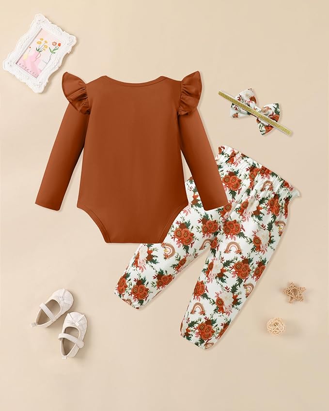 Baby Girl Clothes Newborn Infant Cotton Ruffle Romper+ Floral Pants + Headband Sets Fall Winter Outfits