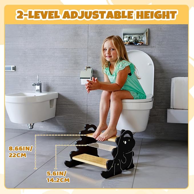 COSYLAND Wooden Toddler Step Stool for Kids with Non-Slip Surface and Handle - Supports Up to 220 Lbs Stool for Toddlers - Lovely Dinosaur Shaped Toddler Stepping Stool for Bathroom (Natural & Black)