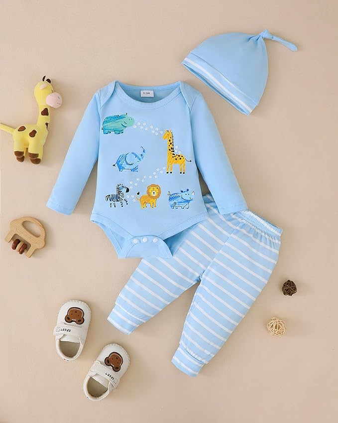 SUNNY PIGGY Baby Boy Clothes Newborn Infant Boys Outfits Romper Hat Pants 3PC Set 0-3 3-6 6-12 12-18 Month Clothing Gift