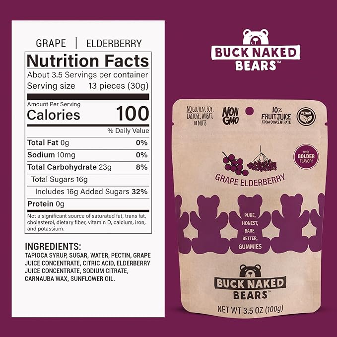 Buck Naked Bears - Grape Elderberry Gummy Bears - Soft, Smooth, and Sweeter Like a Fruit Snack - Plant-Based Gummies Good Snack Choice - Non-GMO - Clean Label Gummy Candy, Vegan - 3.5oz 3-Pack