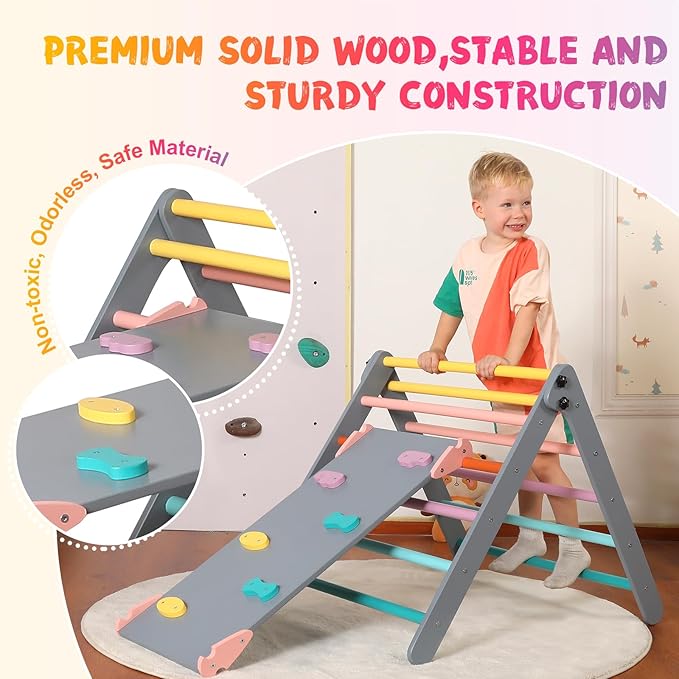 Pikler Triangle Set with Cushion Large, 5 in 1 Toddler Climbing Toys Indoor, Montessori Foldable Climbing Set for Kids, Wooden Playground Jungle Gym with Ramp, Arch and Ladder(Color-A)