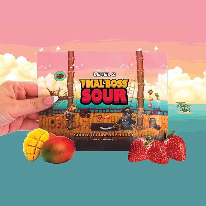 Final Boss Sour Candy, Chewy Dried Strawberry & Mango, 4 Pack, Level 2, Sour Fruit Chews with Real Dried Fruit, No Artificial Colors or Flavors, Low Calorie Snack for Kids, Teens, Adults & On The Go
