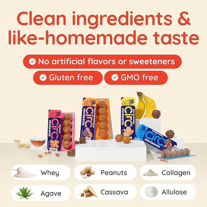 CirC Protein Bites - 12 Count Peanut Butter Banana High Energy Balls - 18g of protein from 4g Collagen 5g of net carbs, Whey & Peanuts - Portable Healthy Snacks in 5-Piece Resealable Packs