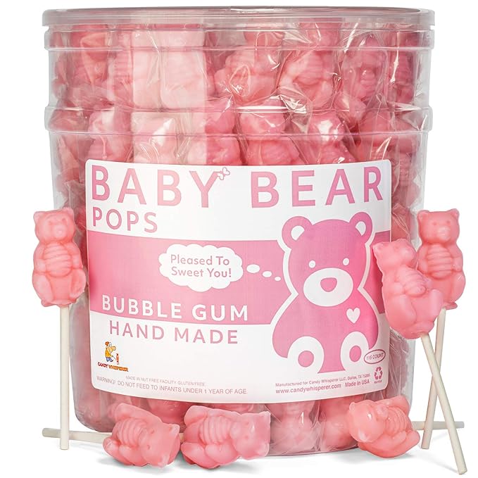 Pink Bear Pops Lollipop Suckers: Individually Wrapped Baby Bear Candy on a Stick by Espeez - Bubble Gum Bears (115 Count)
