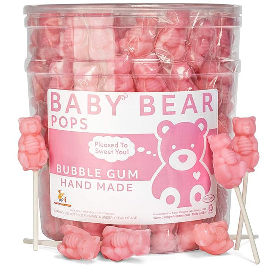 Pink Bear Pops Lollipop Suckers: Individually Wrapped Baby Bear Candy on a Stick by Espeez - Bubble Gum Bears (115 Count)