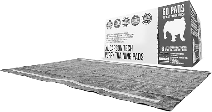 Bulldoglogy Carbon Black Puppy Pee Pads with Adhesive Sticky Tape - Extra Large Charcoal Housebreaking Dog Training Wee Pads (24x35) (60-Count, Black)