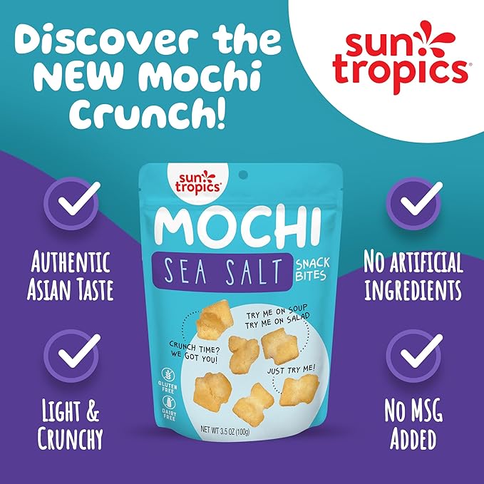 Sun Tropics Mochi Snack Bites, Sea Salt Flavor- 3.5 oz (6 Pack) | Crispy Crunchy Mochi Bites, Rice Nuggets | Mochi Puff Rice Crackers- Gluten Free & Dairy Free- No MSG Added | Asian Rice Snacks