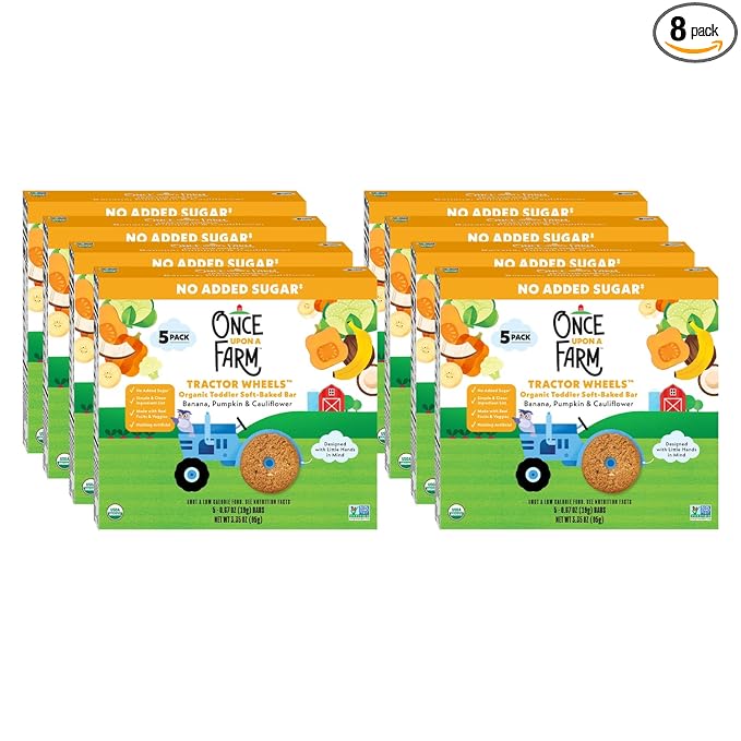 Once Upon A Farm Banana, Pumpkin & Cauliflower Soft Baked Bar Snack, for Toddler, Tractor Wheels, No Added Sugar, Non GMO, 3.35 Ounces (Pack Of 8)