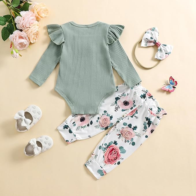 Baby Girls Clothes Ribbed Romper Bodysuit Pants Headband Set Fall Winter Outfits