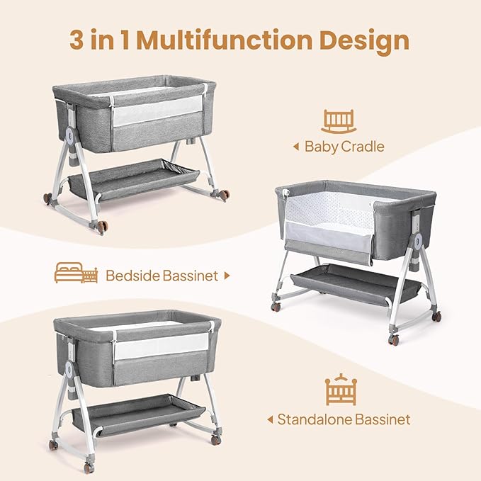 JOYMOR 3 in 1 Baby Bassinet, Bedside Bassinet for Baby, with Comfy Mattress and Wheels, 6 Height Adjustable Easy Folding Portable Bedside Crib for Newborn (Gray)