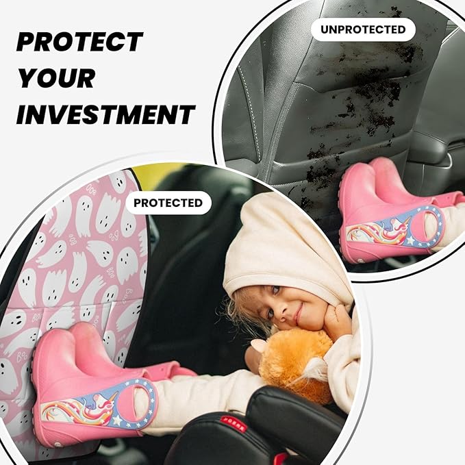 Pink Cute Ghost Car Kick Mats Back Seat Protector 2 Pack Auto Seat Back Covers with 3 Organizer Travel Accessories Universal Vehicle Interior from Dirt, Mud