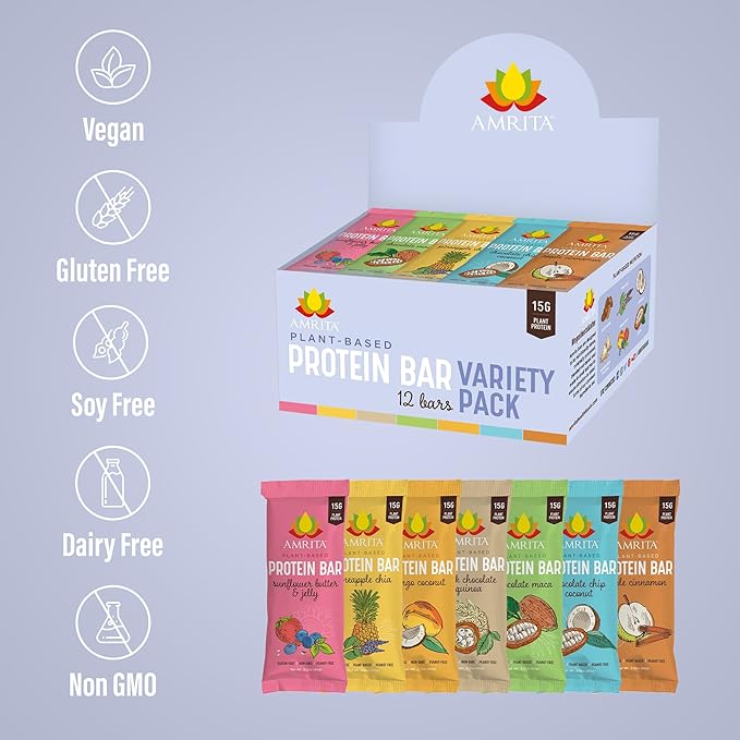 Amrita Nut Free Vegan Protein Bars (12 CT PK of 3) | Variety Pack 15g Plant-Based Protein Bar | Peanut-Free, Gluten Free, and Dairy-Free | No Added Sugar, High Fiber, Healthy Snacks for Kids/Adults