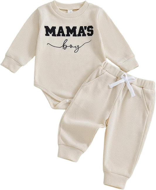 Kupretty Baby Boy Clothes 3 6 12 18 Months Fall Winter Outfit Mama's Boy Embroidery Waffle Long Sleeve Romper Pants Set
