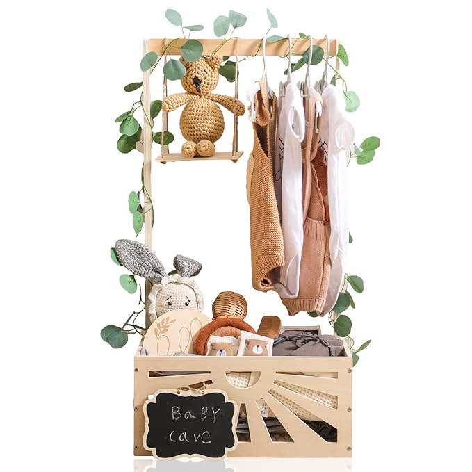 8 In 1 Wooden Baby Shower Crate Closet, Baby Basket with Handle Footprint Kit for Baby Shower Gifts, Baby Shower Wooden Gift Crate, Baby Personailzed Basket for Pregnancy New Parent