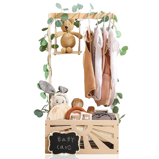 8 In 1 Wooden Baby Shower Crate Closet, Baby Basket with Handle Footprint Kit for Baby Shower Gifts, Baby Shower Wooden Gift Crate, Baby Personailzed Basket for Pregnancy New Parent