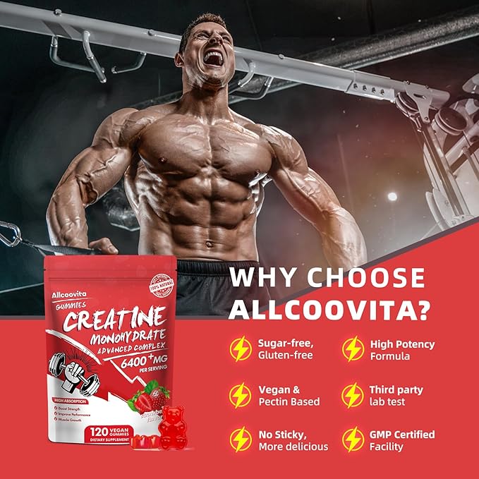Creatine Monohydrate Gummies Complex for Men & Women - 120 Gummies Advanced Formula, L-Taurine + Vitamin B12 for Muscle Strength, Muscle Builder, Energy Boost, Pre-Workout Supplement-Strawberry