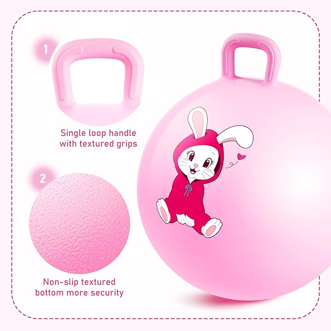 EVERICH TOY Hopper Ball, Pink Bunny Hopping Toys for Kids, 18 Inch Bouncy Ball with Handle, Indoor Outdoor Inflatable Hoppity Hop Toys for Girls Boys Gift with Pump