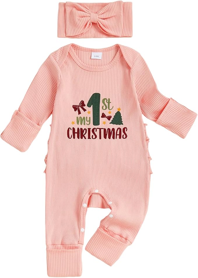 Newborn Baby Girls Rompers Knit Round Neck Long Sleeve Infant Fall Jumpsuits with Headband Coming Home Outfit