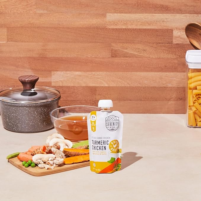 Serenity Kids Bone Broth Puree Made With Organic Veggies | Clean Label Project Purity Award Certified | 3.5 Ounce BPA-Free Pouch | Free Range Turmeric Chicken | 1 Count