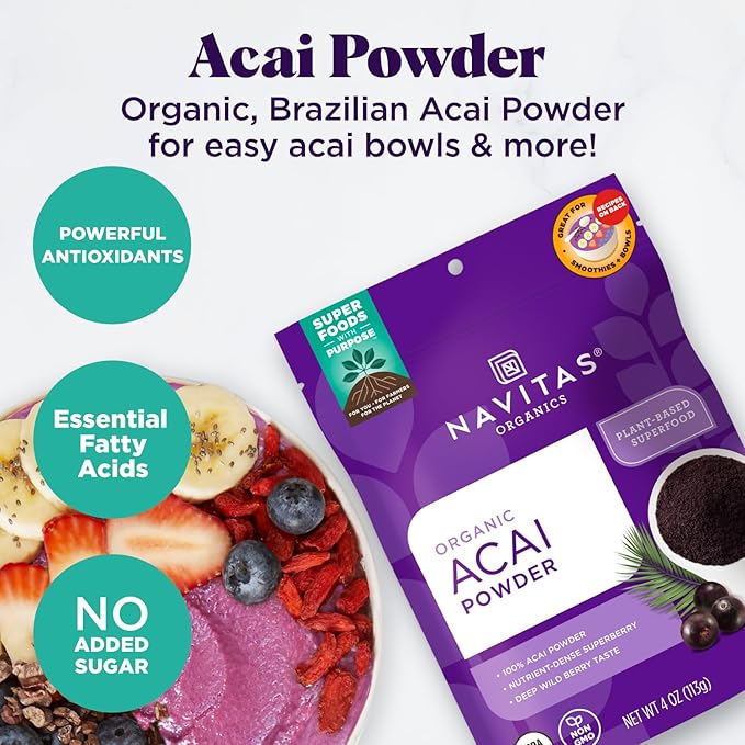 Navitas Organics Acai Powder – for Smoothie Bowls, Oatmeal, Dips, Sauces & More – Antioxidants, Omega 3 6 9, Fiber - USDA Organic, Non GMO, Kosher, Gluten Free, Keto (8oz. Bag, 76 Servings)