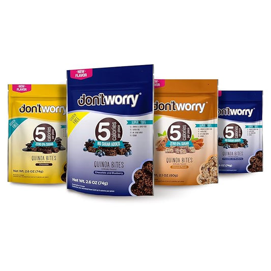 Don't Worry Chocolate, Blue Berry, Almond Quinoa Bites 4 Pack- Low Calorie Keto Snacks, Only 5 Calories Healthy Chocolate Granola Bars, Low Carb Quinoa Cookie, Gluten Free High Protein & Fiber Cookies