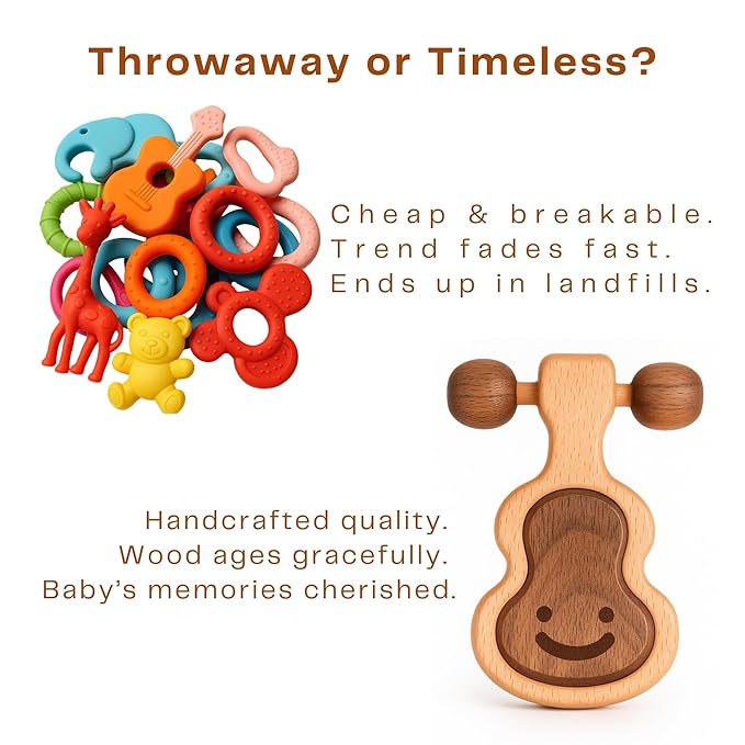 Wooden Baby Teether – USA’s First Real Natural Wood Baby Teething Toys 3–6 Months & 6–12 Months – Safe Wooden Rattle – Non-Toxic, Eco-Friendly, Christmas Gift for Babies