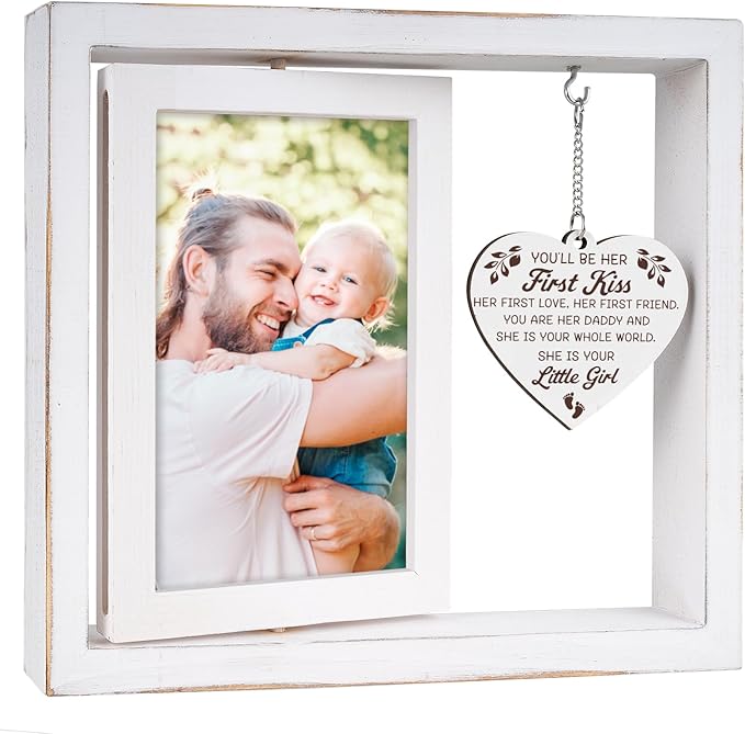 First Time Dad Gifts, Girl Dad Gifts - "You'll Be Her First Kiss" Picture Frame Nursery Decor, Gift for Daddy to be, Baby Shower, Birthday, Father's Day - Vintage Style Rotating Photo Frame 4x6
