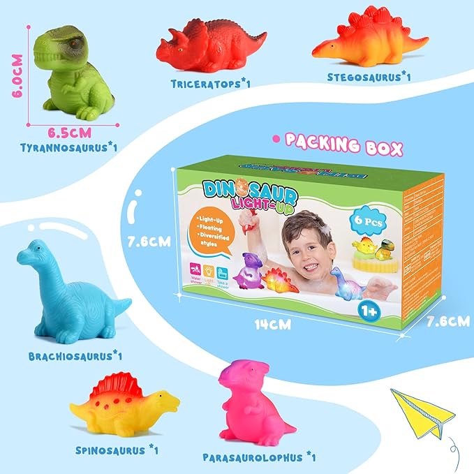 Baby Bath Toys for Toddlers 1-5, 6 Packs Light Up Floating Dinosaur Toys for Kids 1-5 Year Olds Boys Girls Halloween Xmas Birthday for Babies Age 1-5 Sensory Toys Preschool Bathtub Pool Shower Games