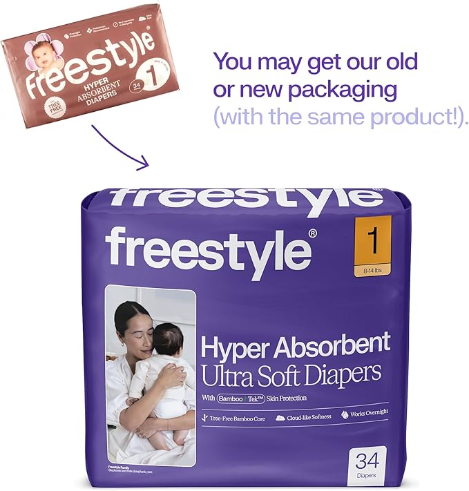 Freestyle BambooTek Diapers - (Size 1) Hyper Absorbent & Non-Toxic – Disposable Diapers for Sensitive Skin – Ultra Soft Diapers (8-14 lbs) – 204 Count