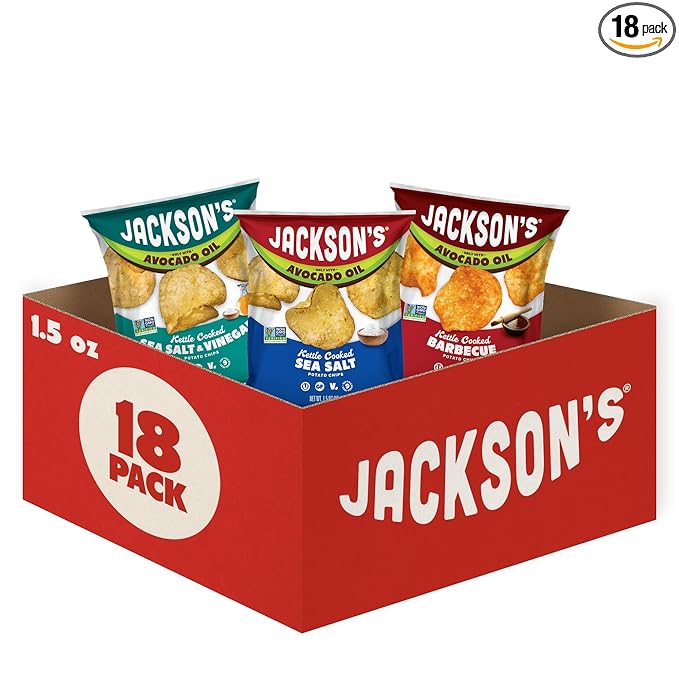 Jackson’s Classic Kettle Potato Chips (Variety Pack, 1.5 oz, Pack of 18) - Made with Premium Avacado Oil, Sea Salt, Salt & Vinegar and BBQ Flavors - Allergen-friendly, Gluten Free, Vegan