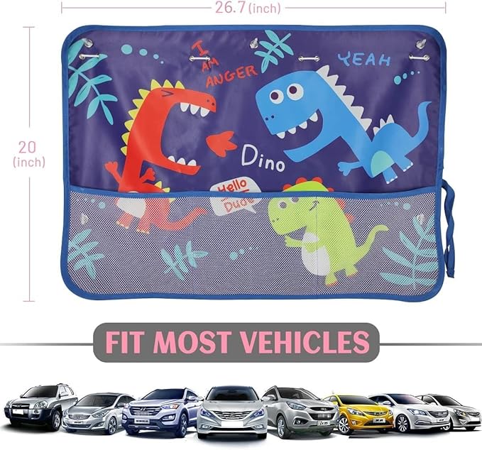 Car Window Shade for Baby, 2 Pack Car Sun Shades with Storage Net Pocket Auto Window Curtain 7 Suction Cups Blue Dinosaurs for Sun/Heat/UV Rays Protection Kids