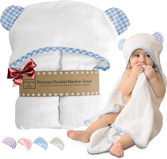 Channing & Yates Premium Boutique Organic Hooded Baby Towels and Washcloth Set - Softest Baby Towel with Hood - Baby Bath Towel for Newborn - Baby Boy Gift for Baby Shower (Blue)
