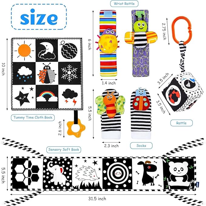 7 Pcs Black and White High Contrast Baby Toys for Newborn, Tummy Time Toys Montessori Toy for Babies 0-6 Months, Sensory Newborn Infant Toy Soft Book for 0-3 3-6 6-12 Months Boys Girls